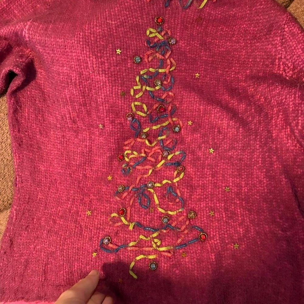 Acorn cute pink Christmas sweater with ribbon tree and‎ beads med - Picture 3 of 7